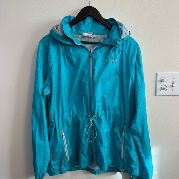 Columbia Teal Patterned Hooded Windbreaker Cinched Drawstring Waist Women’s XL - Picture 1 of 12